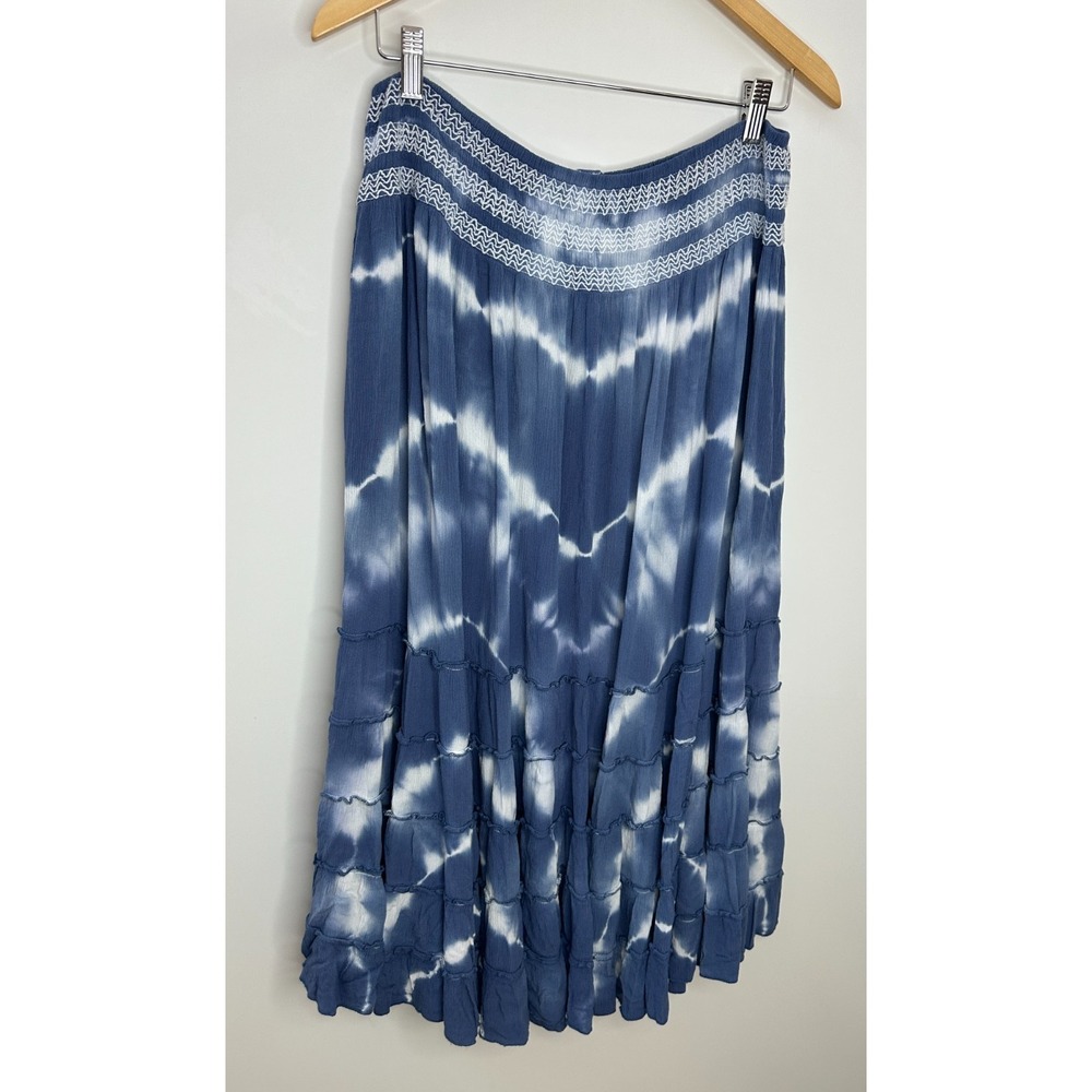 John Mark Tie Dye Smocked Waist Button Front Tiered Ruffle Maxi Skirt Large Blue - Picture 8 of 11